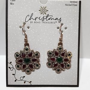 Bead Treasures Snowflake Shape Red & Green Beads White Crystal Accents Earrings